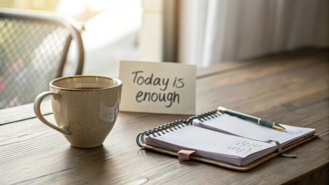 Cozy workspace with coffee cup, open notebook, and motivational note promoting mindfulness and productivity for daily tasks