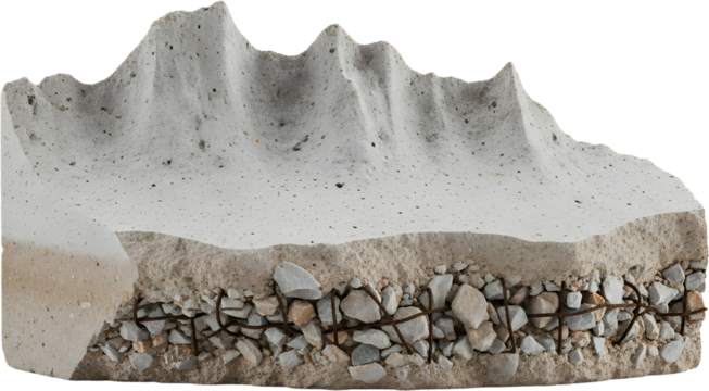 Close up cross section of rough concrete with aggregate and rebar reinforcement showcasing layered materials crosssection