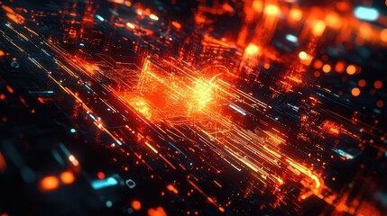 Digital data flowing through futuristic circuit network