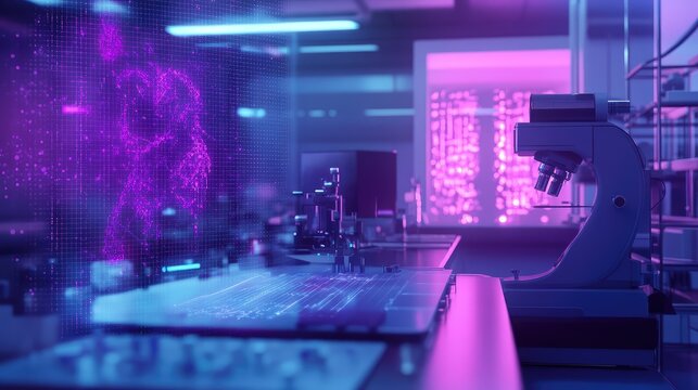 Futuristic laboratory analyzing human dna hologram and data - Powered by Adobe