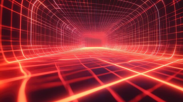 Red glowing grid tunnel representing digital technology connection