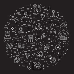 Simple Set of disaster and storm Related Vector outline Illustration. Contains such Icons as fire, landslide, flood, drought, Natural Disaster, tornado, lighting, fog, forest fire, tsunami, hurricane 