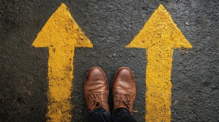 Two bright yellow arrows point upwards with a person standing between them wearing brown leather shoes centered at the b