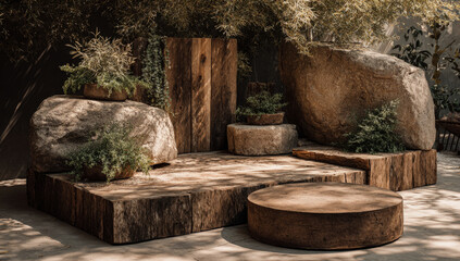Fototapeta premium Wooden podium and round platform with rocks and plants in sunlit outdoor setting