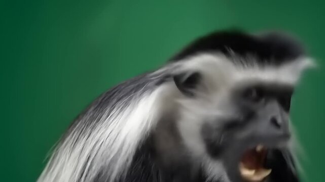 Black and white colobus monkey portrait against green backdrop