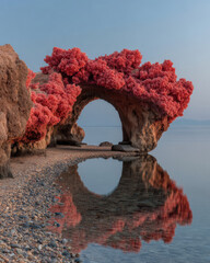 Fototapeta premium Surreal coral arch with glowing halo and disc platform in soft hazy light