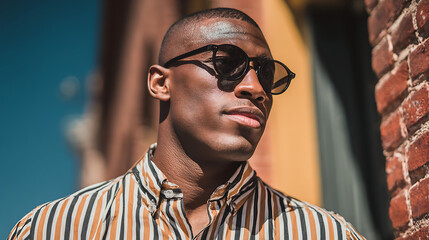 modern portrait of an african american man with sunglasses and a striped shirt smiling outdoors capturing a fresh trendy and confident lifestyle scene perfect for contemporary stock photography