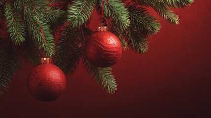 Festive Christmas tree decorations with shiny red baubles hanging from pine branches,