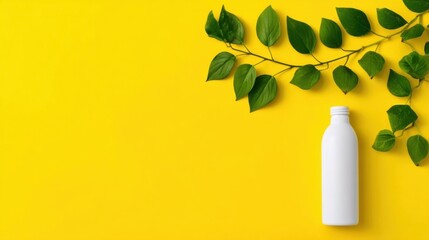 An eco-friendly white bottle stands upright against a bright golden-yellow backdrop,