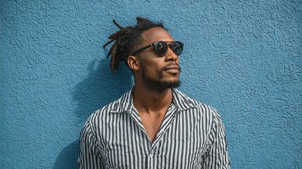 modern portrait of an african american man with sunglasses and a striped shirt smiling outdoors capturing a fresh trendy and confident lifestyle scene perfect for contemporary stock photography