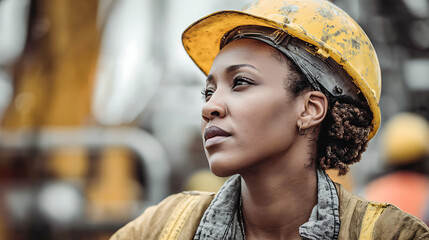 african american female engineer standing at a construction site wearing a hard hat capturing the strength skill and determination of women in technical and industrial careers