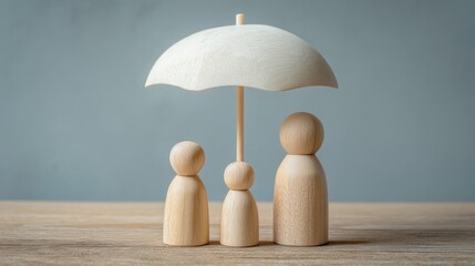 Three wooden figurines stand on a light blue textured surface with an umbrella shaped object providing shade evoking fam