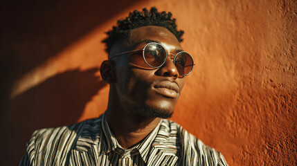 modern portrait of an african american man with sunglasses and a striped shirt smiling outdoors capturing a fresh trendy and confident lifestyle scene perfect for contemporary stock photography
