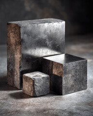 Polished steel slab and cube on dark studio background with reflective highlights