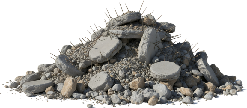 Pile of rubble and broken concrete pieces with exposed rebar debris heap construction demolition ruin material waste destruction - Powered by Adobe