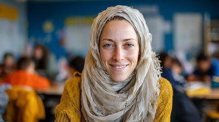 volunteer american muslim teacher guiding students in a school classroom creating an inclusive educational space that promotes learning community support and cultural understanding