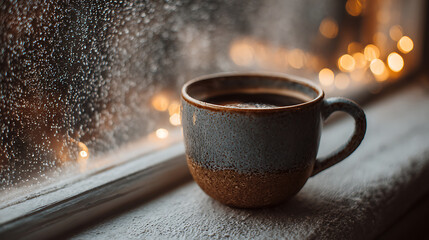 cozy relaxing winter scene with a warm coffee cup on a windowsill embracing the quiet calm and comforting ambiance that defines peaceful seasonal mornings