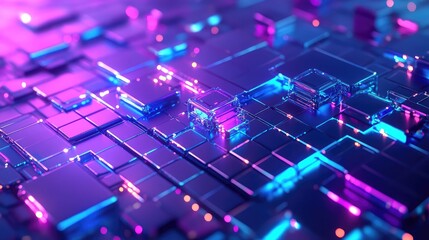 Digital network grid pulsing with neon light