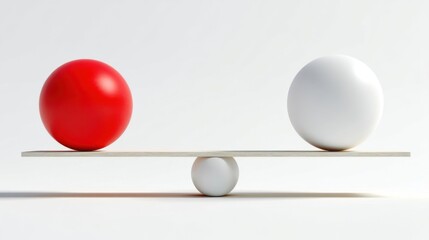 A red sphere and a white sphere placed symmetrically on an off-center beam with a small white ball above the balance poi