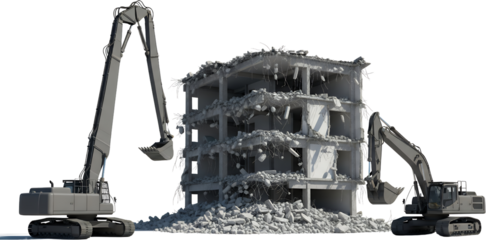 Two excavators demolishing a partially collapsed concrete building debris scattered around the site Demolition construction