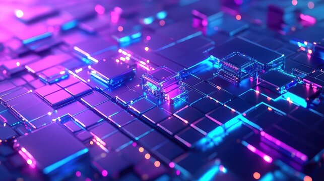 Digital network grid pulsing with neon light