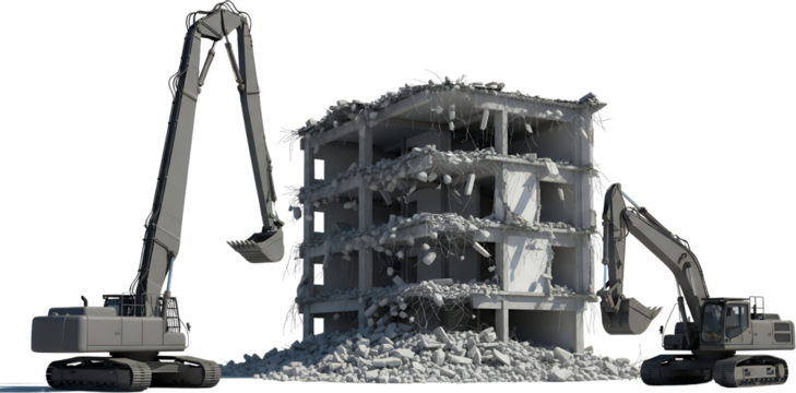 Two excavators demolishing a partially collapsed concrete building debris scattered around the site Demolition construction
