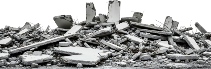 A large pile of broken concrete debris and twisted metal rebar from a demolished structure demolition rubble construction