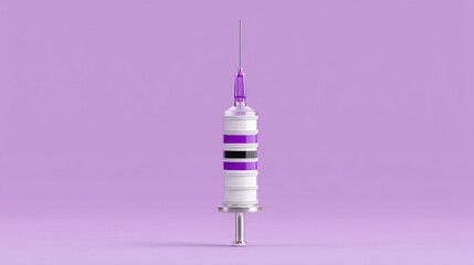 A medical syringe with white and dark violet bands rests on a metallic stand against a solid purple background,