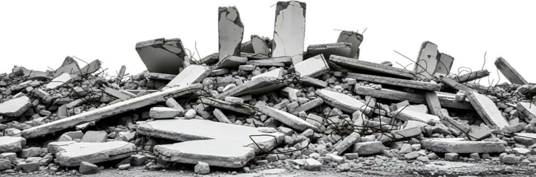 A large pile of broken concrete debris and twisted metal rebar from a demolished structure demolition rubble construction