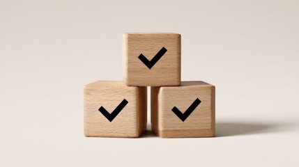 The image depicts three wooden cubes arranged in a pyramid formation, each featuring a black checkmark on one face.