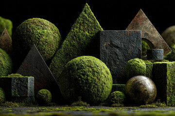 Hyperrealistic 3D render of metallic geometric shapes covered with green moss