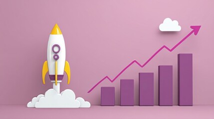 A rocket ship launches into space with clouds below,