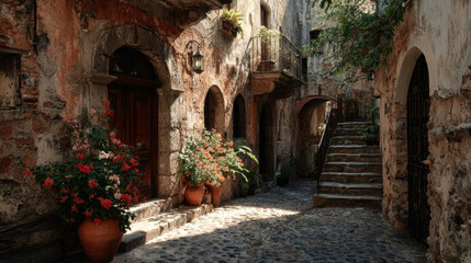 Fototapeta premium Sunlit mural on textured building wall in captivating old town alley with plants