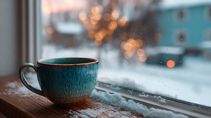 cozy relaxing winter scene with a warm coffee cup on a windowsill embracing the quiet calm and comforting ambiance that defines peaceful seasonal mornings