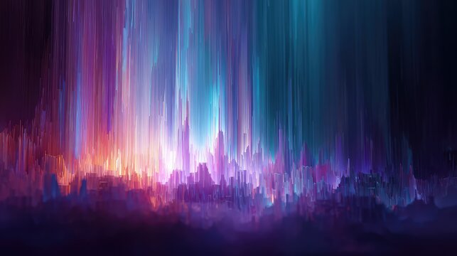 Digital pixel sorting abstract art cityscape glowing neon colors