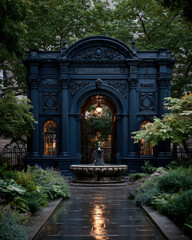 Deep navy arch with glowing halo and pedestal surrounded by soft floral bloom