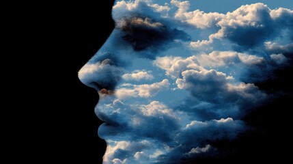 Silhouette of a human profile with fluffy white clouds integrated into the facial contours,