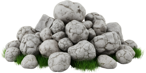A pile of weathered gray stones of various sizes rests on green grass showcasing textured surfaces and natural formations