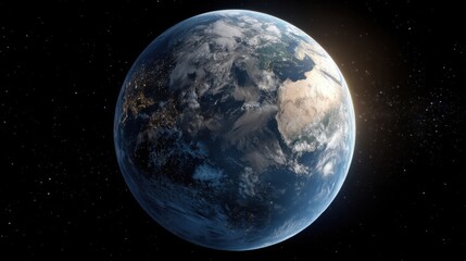 Artistic representation of Earth viewed from space with oceans, clouds, landmasses, deserts,