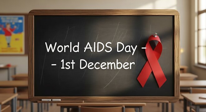World aids day awareness message written on a blackboard with a red ribbon in a classroom setting - Powered by Adobe