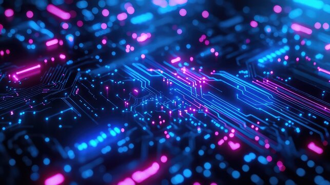Digital circuit board glowing with blue and pink neon lights
