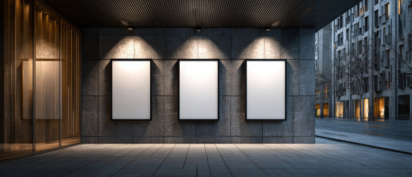 Three blank digital menu boards on cafe wall with warm ambient lighting