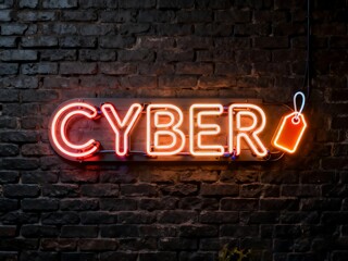 Fototapeta premium Cyber neon sign with price tag on brick wall background