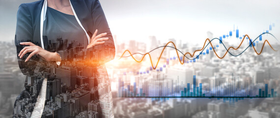 A professional businesswoman stands confidently with arms crossed in front of a city skyline,...