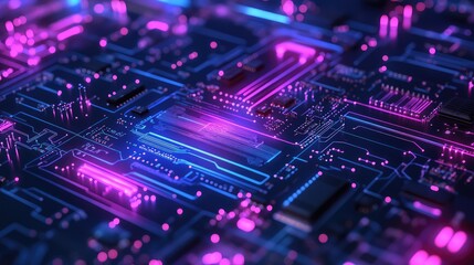 Digital circuit board with glowing neon purple and blue lights