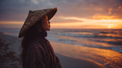 asian woman in a hat smiling softly during a beach sunset with warm sunlight ocean breeze and scenic horizon capturing travel lifestyle natural warmth and peaceful evening atmosphere