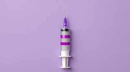 A single syringe with a purple plunger and tip stands against a solid lavender background,