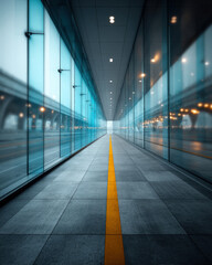 Minimalist glass L-panel with glowing cyan edge and soft shadow in clean studio