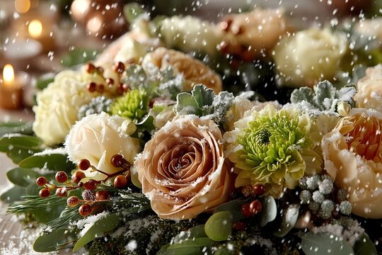Winter Wonderland Floral Arrangement: Close-up of Wreath with Roses and Green Chrysanthemums Covered in Gentle Falling Snow