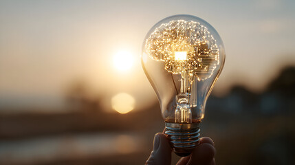 Innovation and artificial intelligence concept with lightbulb and brain chip